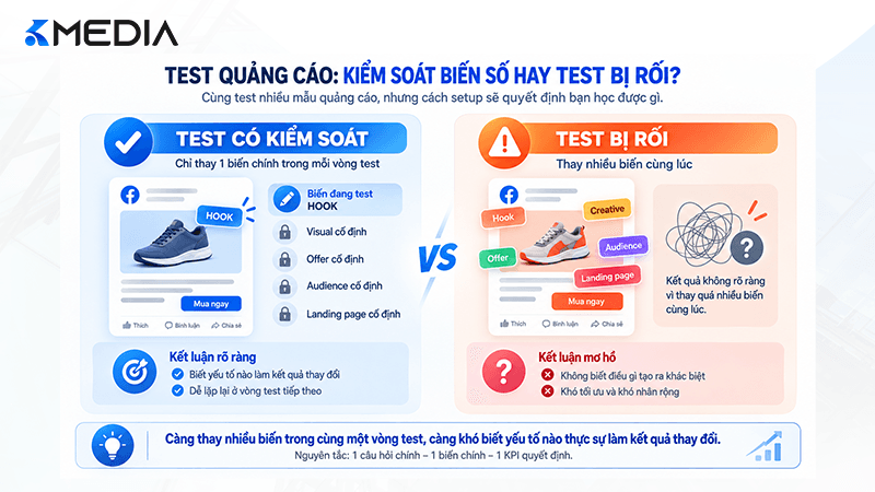 So sánh test quảng cáo kiểm soát biến số và test nhiều biến cùng lúc
