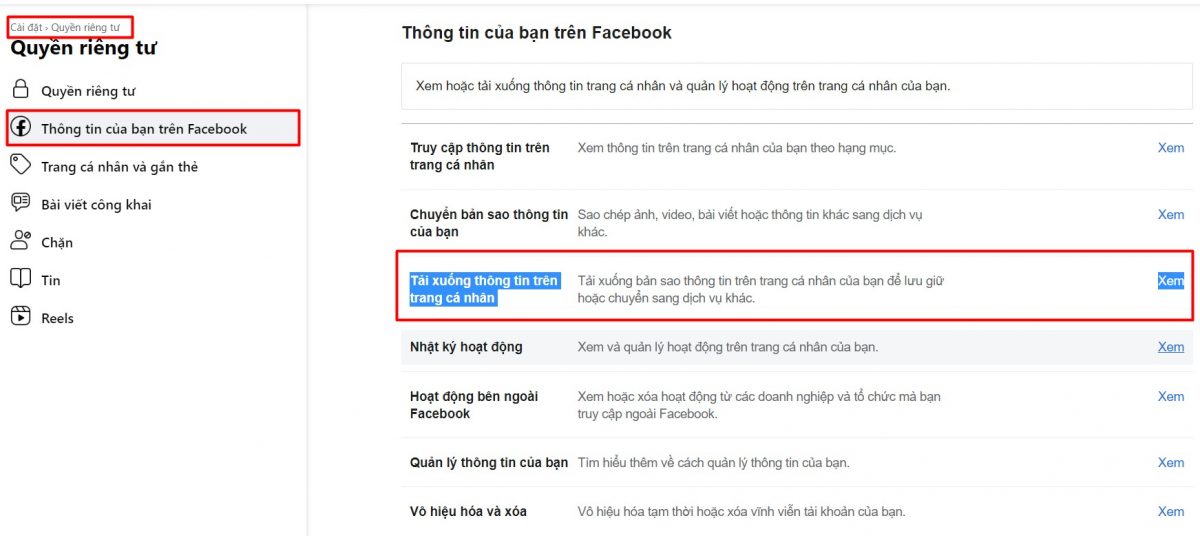 Tải xuống thông tin trên trang cá nhân
