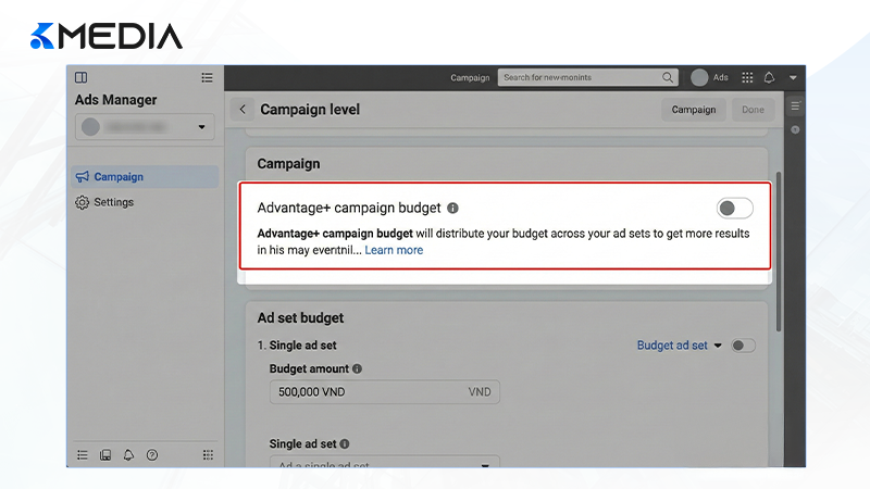 Giao diện Facebook Ads Manager cho phép lựa chọn ngân sách chiến dịch Advantage+ (CBO) hoặc ngân sách nhóm thủ công (ABO).
