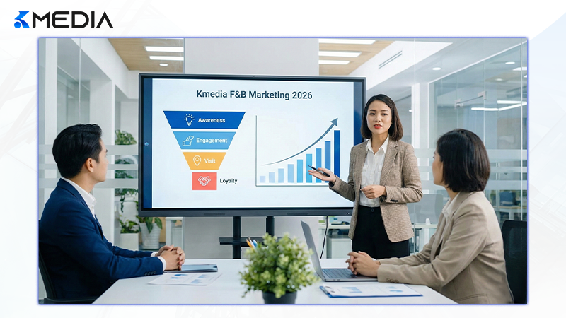 Chuyên gia Kmedia trình bày chiến lược quảng cáo Facebook ngành F&B 2026 giúp tăng trưởng khách hàng.