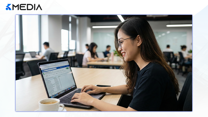 Chuyên viên nội dung đang thực hiện kỹ thuật seeding và điều hướng dư luận Fanpage một cách thủ công trên laptop