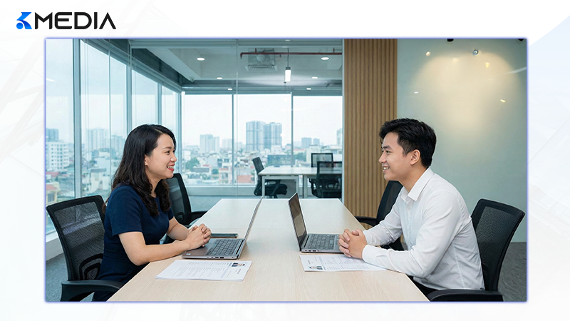 Chuyên gia nhân sự Kmedia đang phỏng vấn ứng viên trong một văn phòng hiện đại.