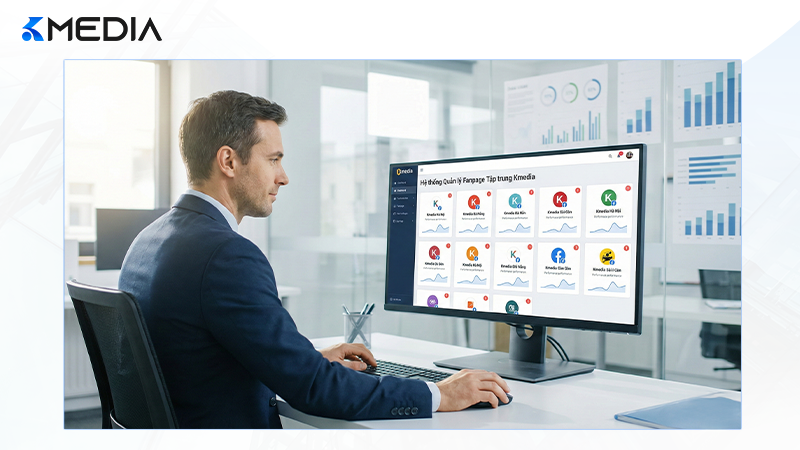 Người quản lý đang theo dõi hệ thống 10+ Fanpage trên một màn hình Dashboard tập trung.