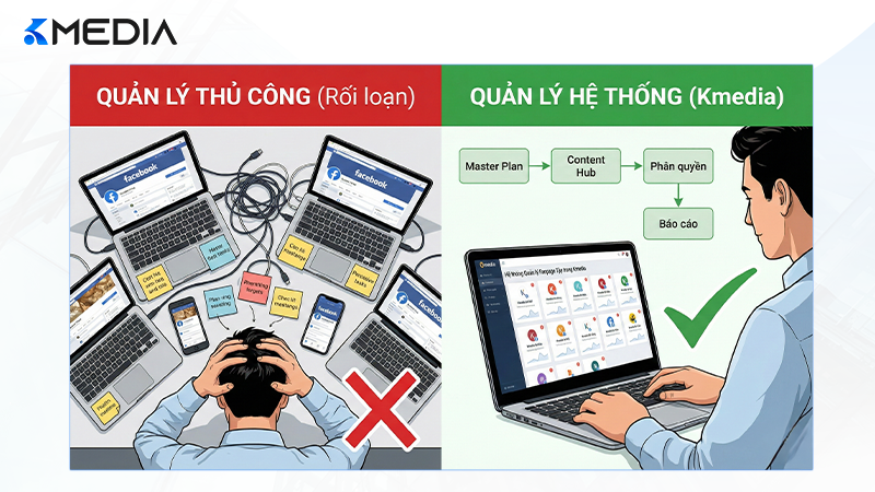 so sánh quy trình quản lý Fanpage thủ công và quy trình hệ thống chuyên nghiệp của Kmedia
