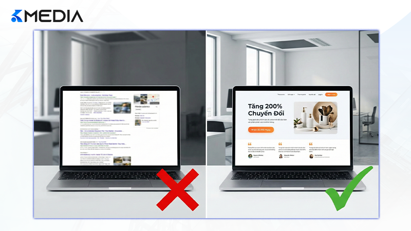 So sánh trực quan giữa Landing Page kém hiệu quả và Landing Page tối ưu giúp tăng 200% chuyển đổi.