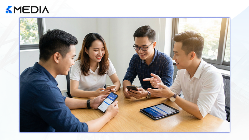 Nhóm bạn trẻ người Việt đang thảo luận sôi nổi trên điện thoại về việc xây dựng Group Facebook.