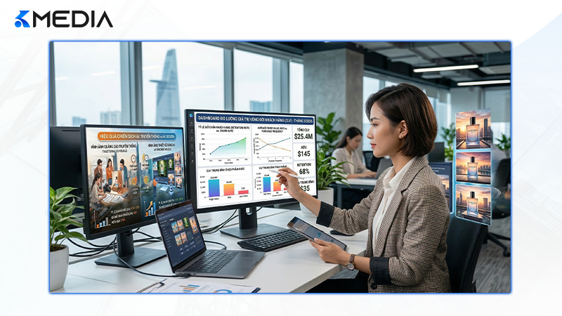 Chuyên gia Kmedia đang quản trị và tối ưu hóa tỷ lệ chuyển đổi từ Lead sang đơn hàng thực tế