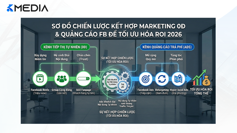 Sơ đồ chiến lược kết hợp Marketing 0đ và quảng cáo Facebook để tối ưu hóa ROI