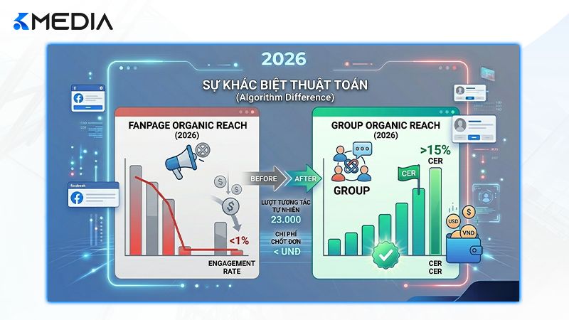 Biểu đồ so sánh tỷ lệ tiếp cận (Reach) tự nhiên giữa Fanpage và Group Facebook năm 2026