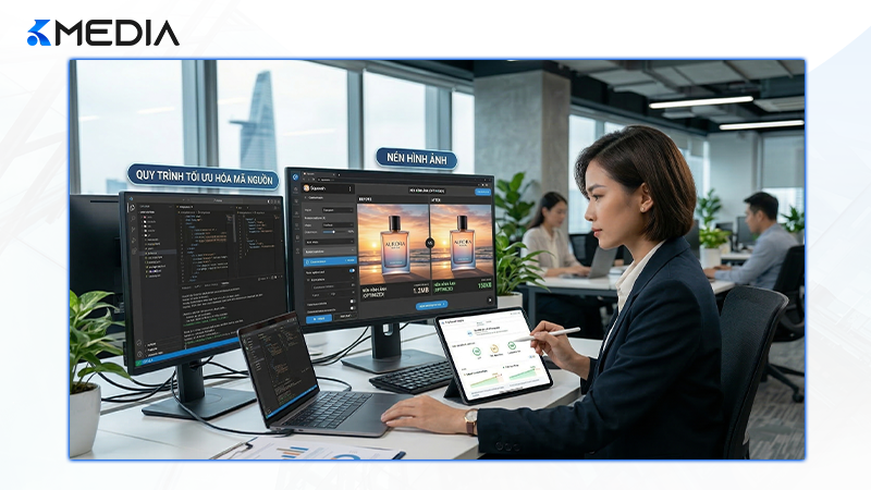 Chuyên gia Kmedia đang tối ưu hóa Landing Page di động với tư duy Mobile First dành cho chủ doanh nghiệp 2026