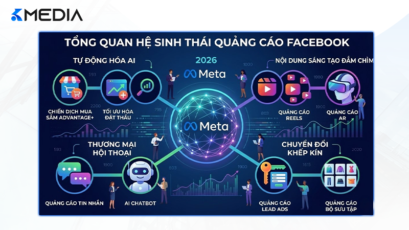 Tổng quan hệ sinh thái các hình thức quảng cáo Facebook đa dạng năm 2026.
