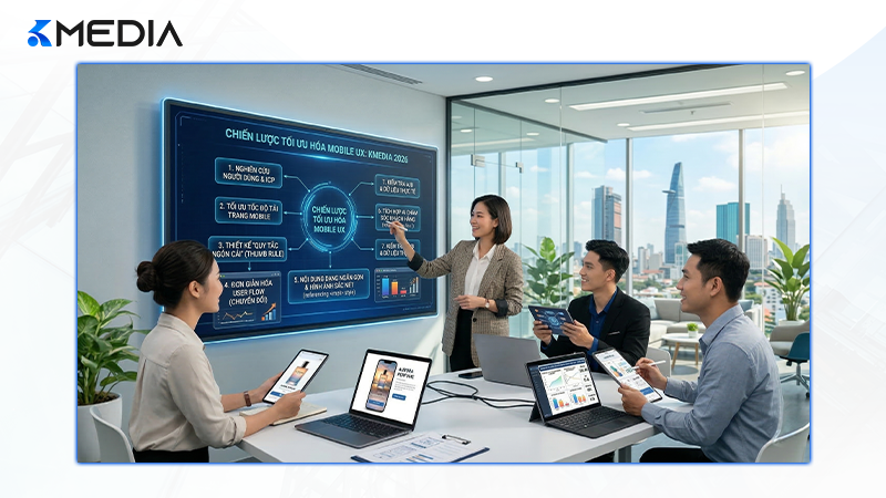 Chuyên gia nội dung Kmedia đang kiểm tra tốc độ tải trang và tối ưu hóa nội dung Above the Fold cho Mobile First