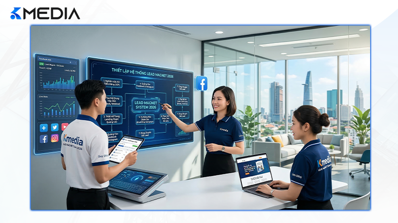 Đội ngũ chuyên gia Kmedia đang thiết lập hệ thống Lead Magnet thu hút khách hàng tiềm năng trên Facebook 2026
