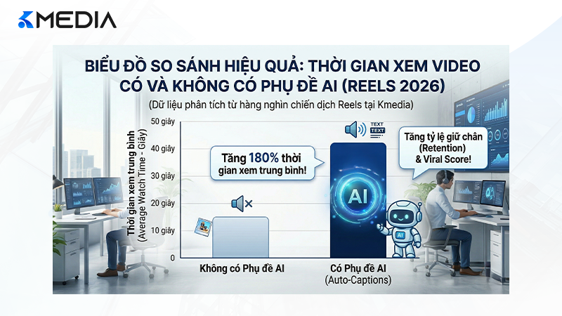 Biểu đồ so sánh thời gian xem video có phụ đề AI và không có phụ đề