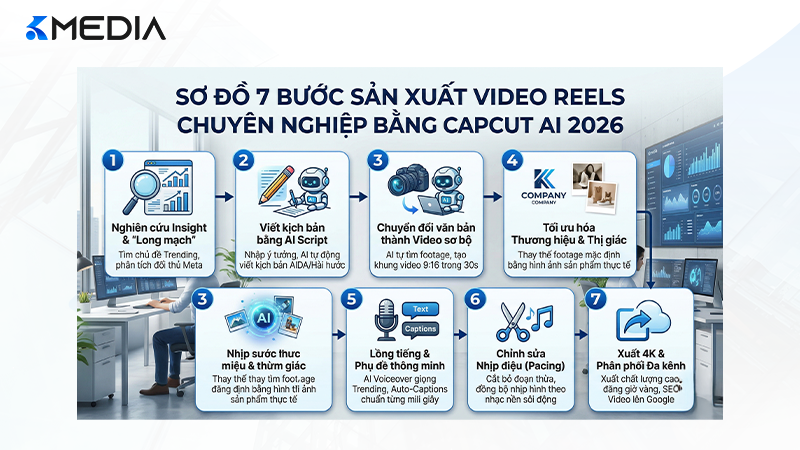 Sơ đồ 7 bước sử dụng CapCut AI để sản xuất video Reels chuyên nghiệp 2026