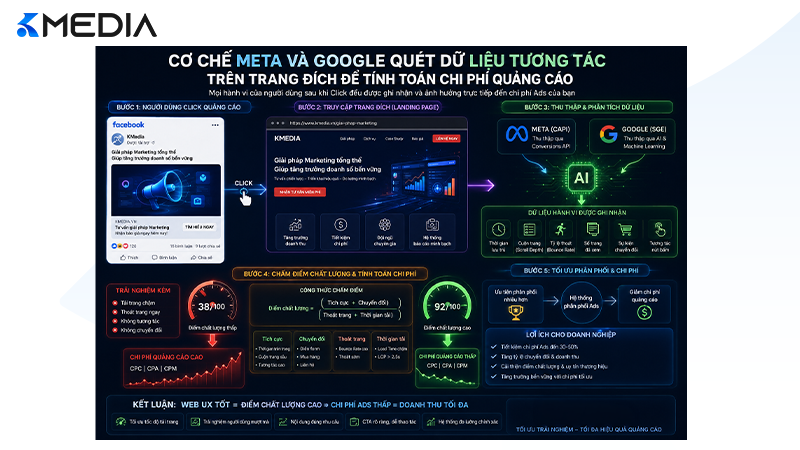 Cơ chế Meta và Google quét dữ liệu tương tác trên trang đích để tính toán chi phí quảng cáo