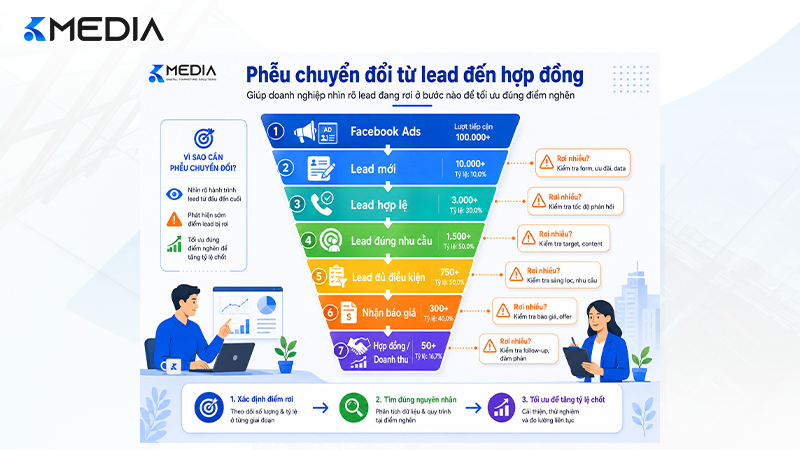 Phễu chuyển đổi giúp doanh nghiệp nhìn rõ lead đang rơi ở bước nào để tối ưu đúng điểm nghẽn.