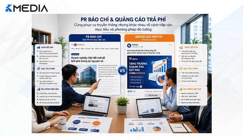 PR báo chí thiên về xây dựng thông tin và niềm tin, trong khi quảng cáo trả phí có lợi thế về phân phối, thử nghiệm và thúc đẩy hành động.