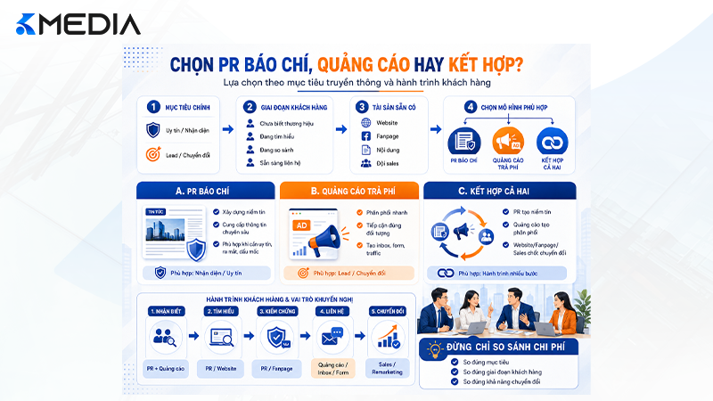 Doanh nghiệp nên lựa chọn PR, quảng cáo hoặc mô hình kết hợp dựa trên mục tiêu và hành trình khách hàng thay vì chỉ so sánh chi phí.