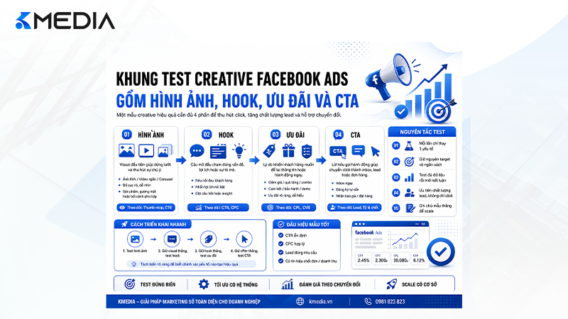 Khung test creative Facebook Ads gồm hình ảnh hook ưu đãi và CTA